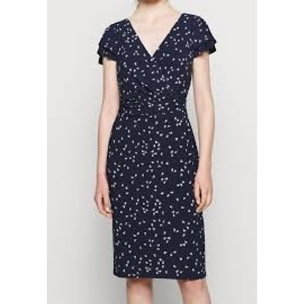 LAUREN RALPH LAUREN Sheath Dress 10 Navy Blue Dot Ruched Flutter Sleeve Career